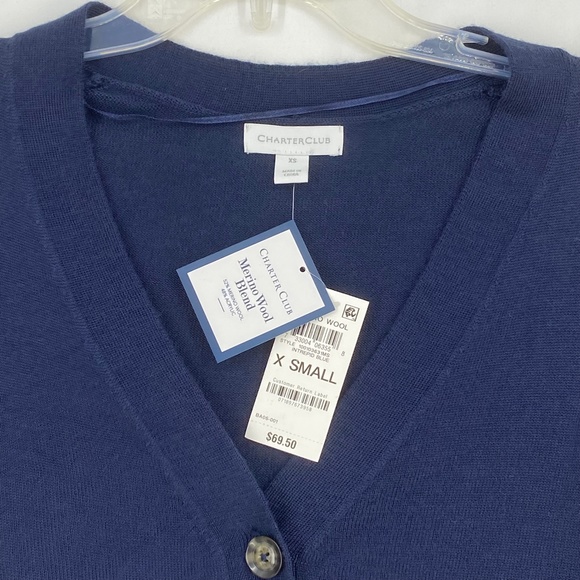 Charter Club Womens XS V-Neck Button Front Cardigan Merino Wool Blend Navy Blue - Picture 7 of 12
